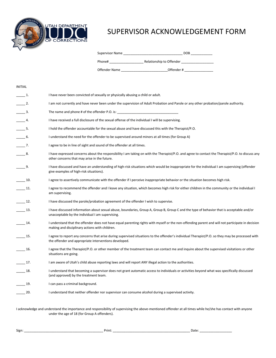 Supervisor Acknowledgement Form - Utah, Page 1