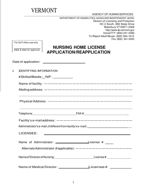 Nursing Home License Application / Reapplication - Vermont Download Pdf