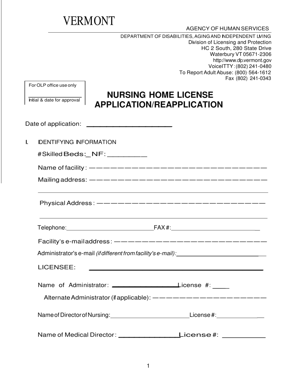 Nursing Home License Application / Reapplication - Vermont, Page 1