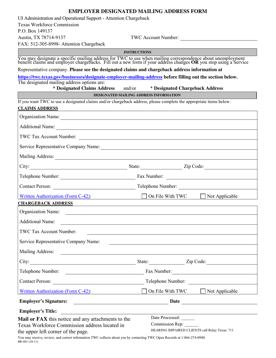 Form BR-001 Employer Designated Mailing Address Form - Texas, Page 1