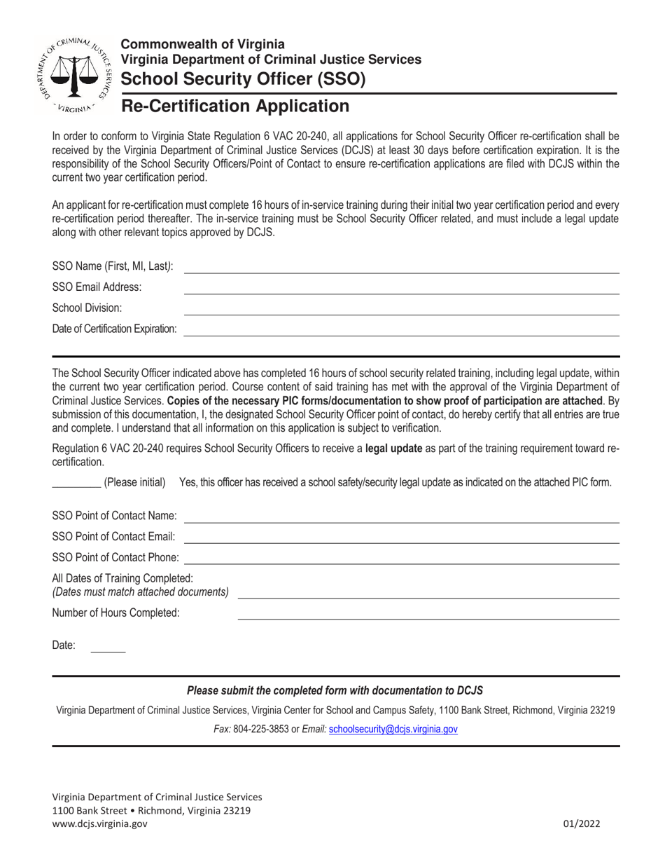 School Security Officer (Sso) Re-certification Application - Virginia, Page 1