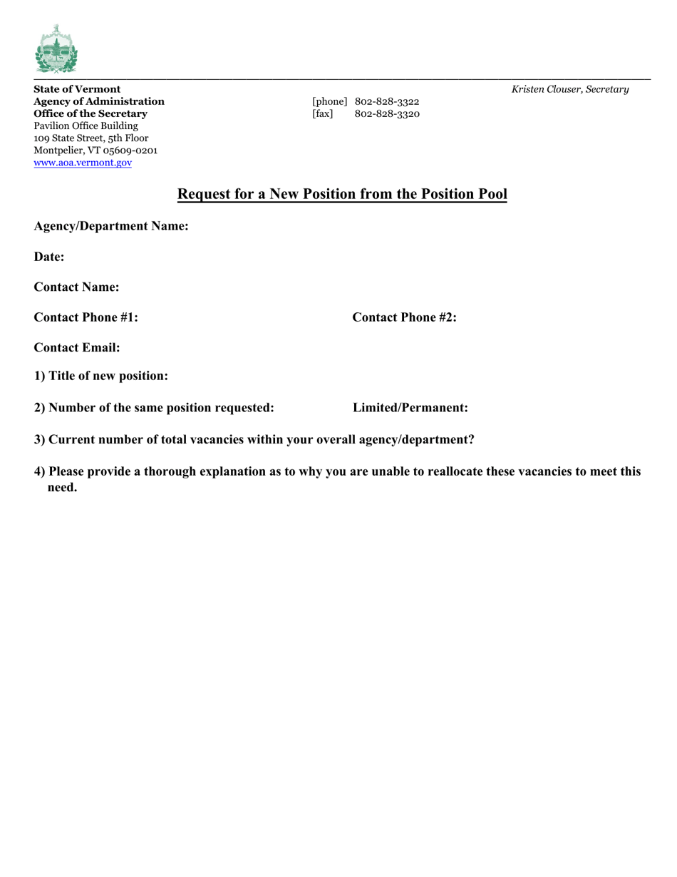Request for a New Position From the Position Pool - Vermont, Page 1