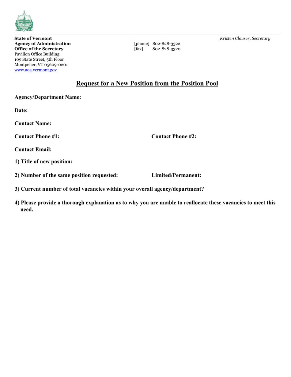 Vermont Request for a New Position From the Position Pool - Fill Out ...