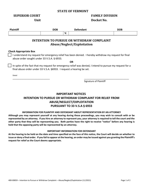 Form 400-00859 Intention to Pursue or Withdraw Complaint - Abuse/Neglect/Exploitation - Vermont