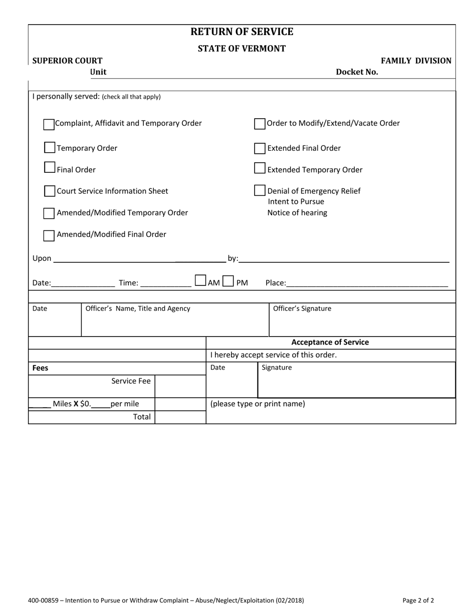 Form 400-00859 Intention to Pursue or Withdraw Complaint - Abuse / Neglect / Exploitation - Vermont, Page 2