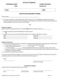 Document preview: Form 400-00086 Restitution Judgment Order - Vermont