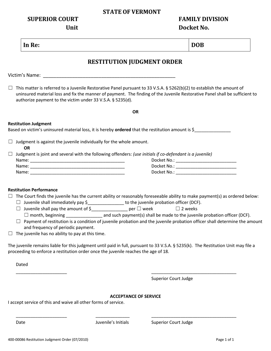 Form 400-00086 Restitution Judgment Order - Vermont, Page 1