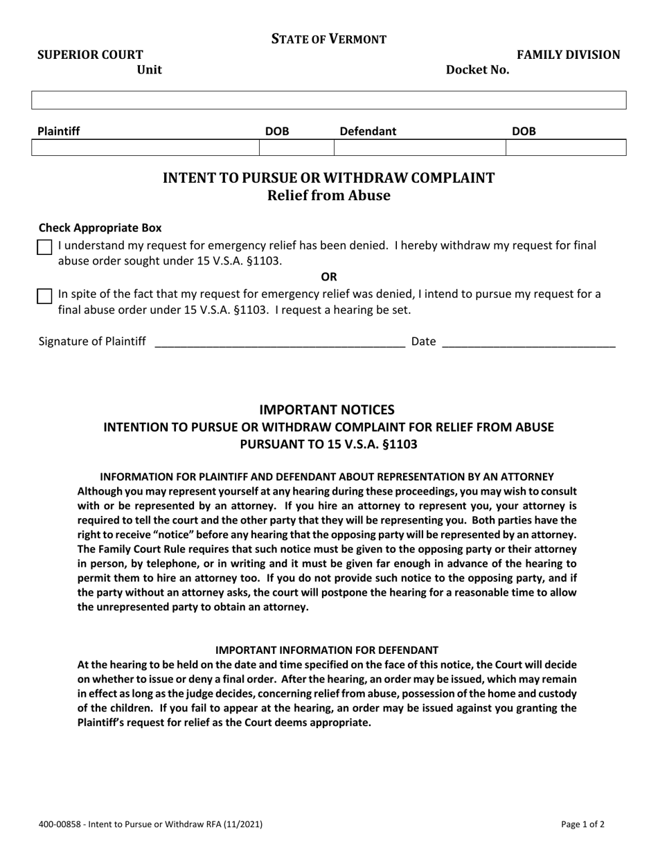 Form 400-00858 Intent to Pursue or Withdraw Complaint - Relief From Abuse - Vermont, Page 1
