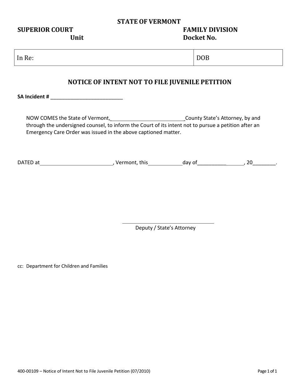 Form 400-00109 Notice of Intent Not to File Juvenile Petition - Vermont, Page 1