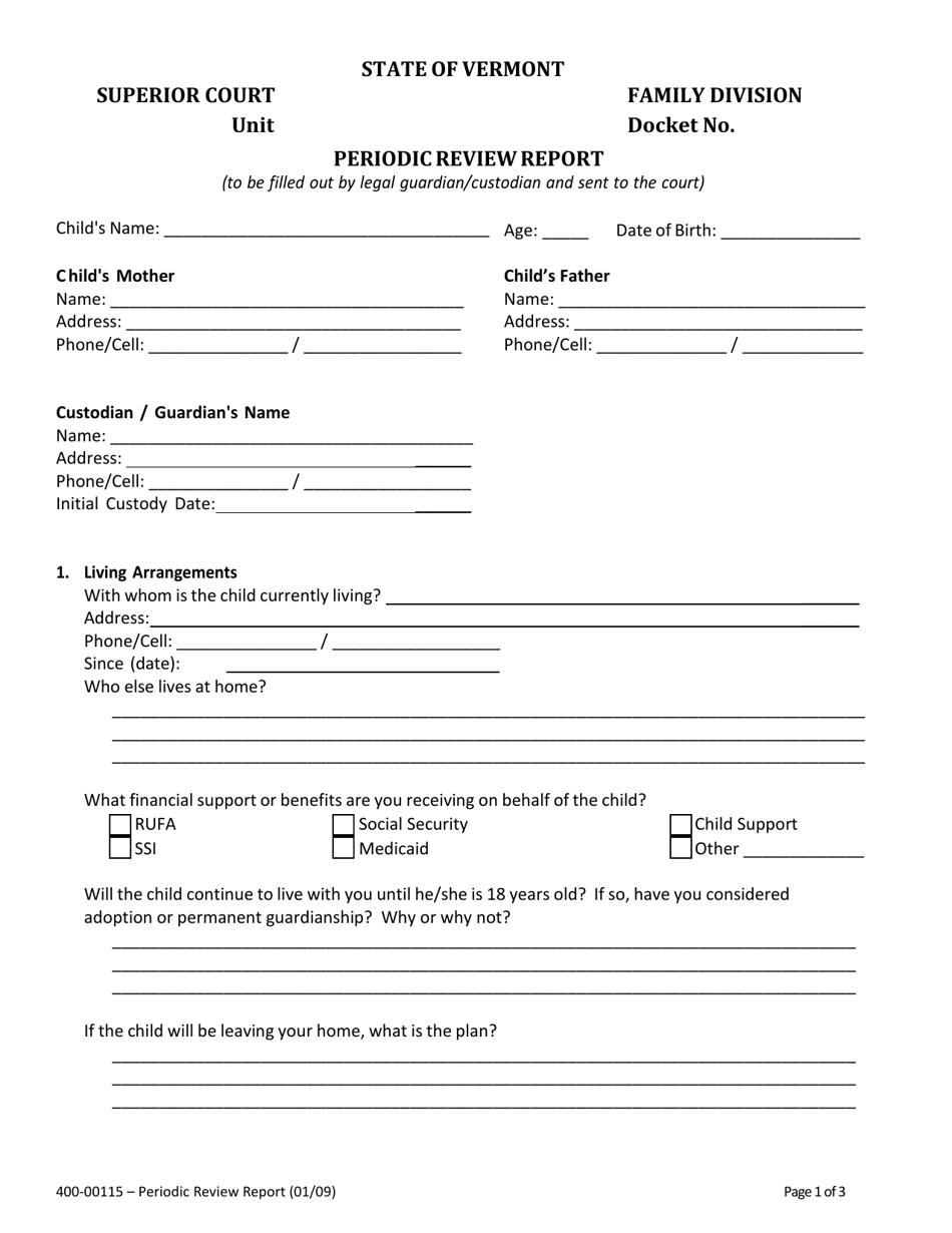 Form 400-00115 Periodic Review Report - Vermont, Page 1