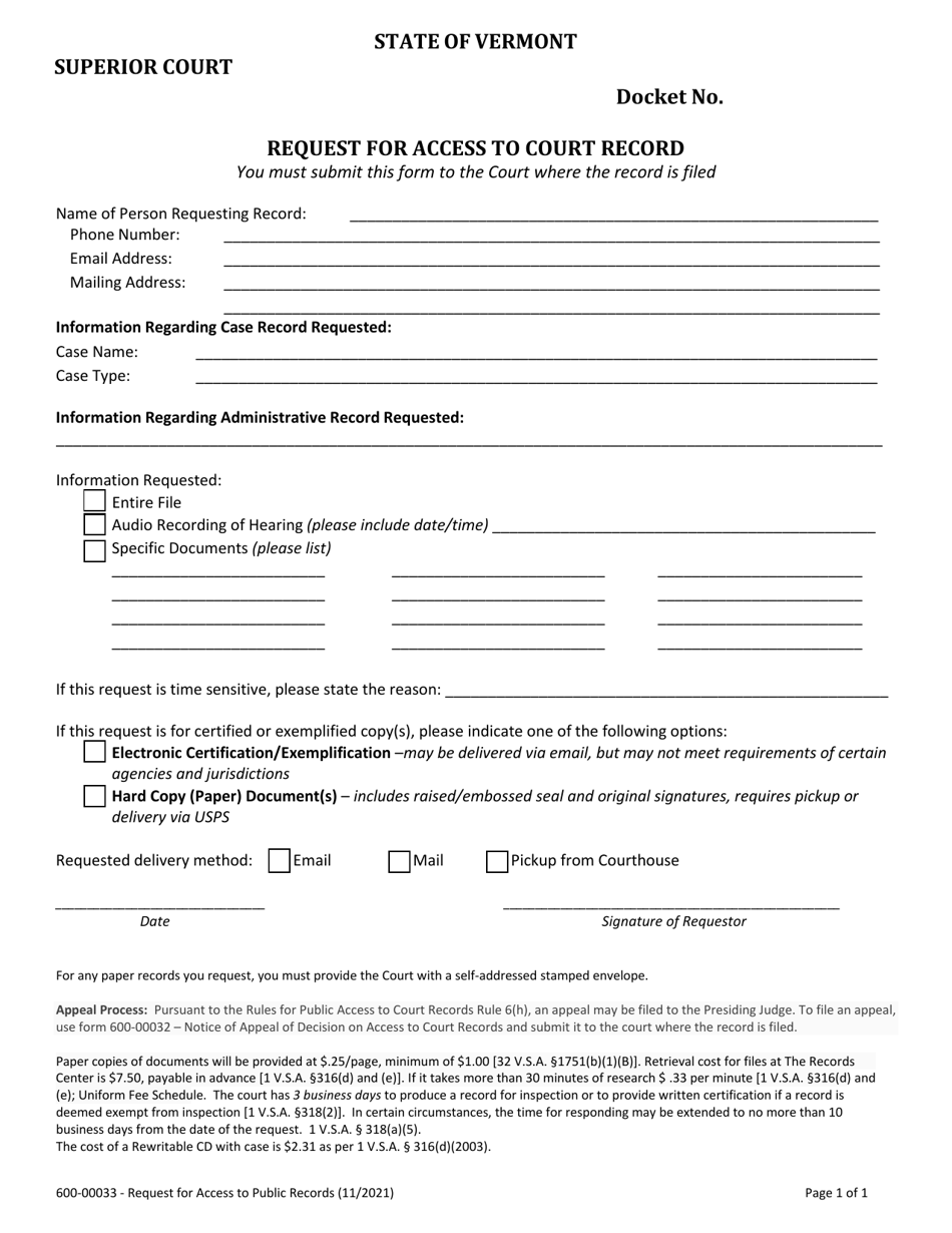 Form 600-00033 Request for Access to Court Record - Vermont, Page 1