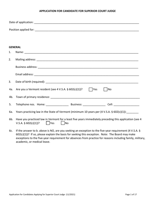 Application for Candidate for Superior Court Judge - Vermont Download Pdf