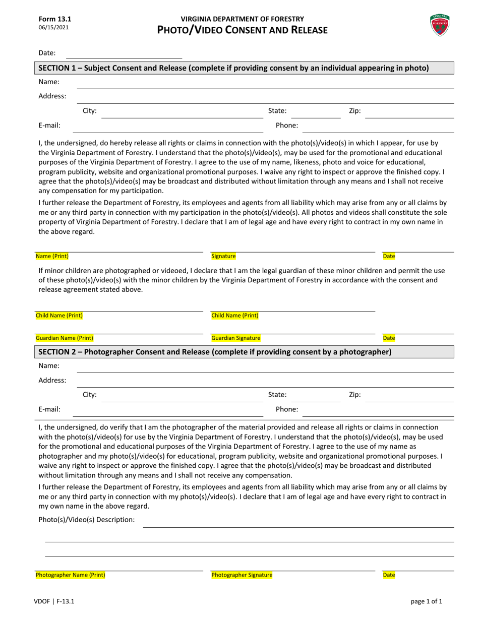 Form 13.1 Photo / Video Consent and Release - Virginia, Page 1