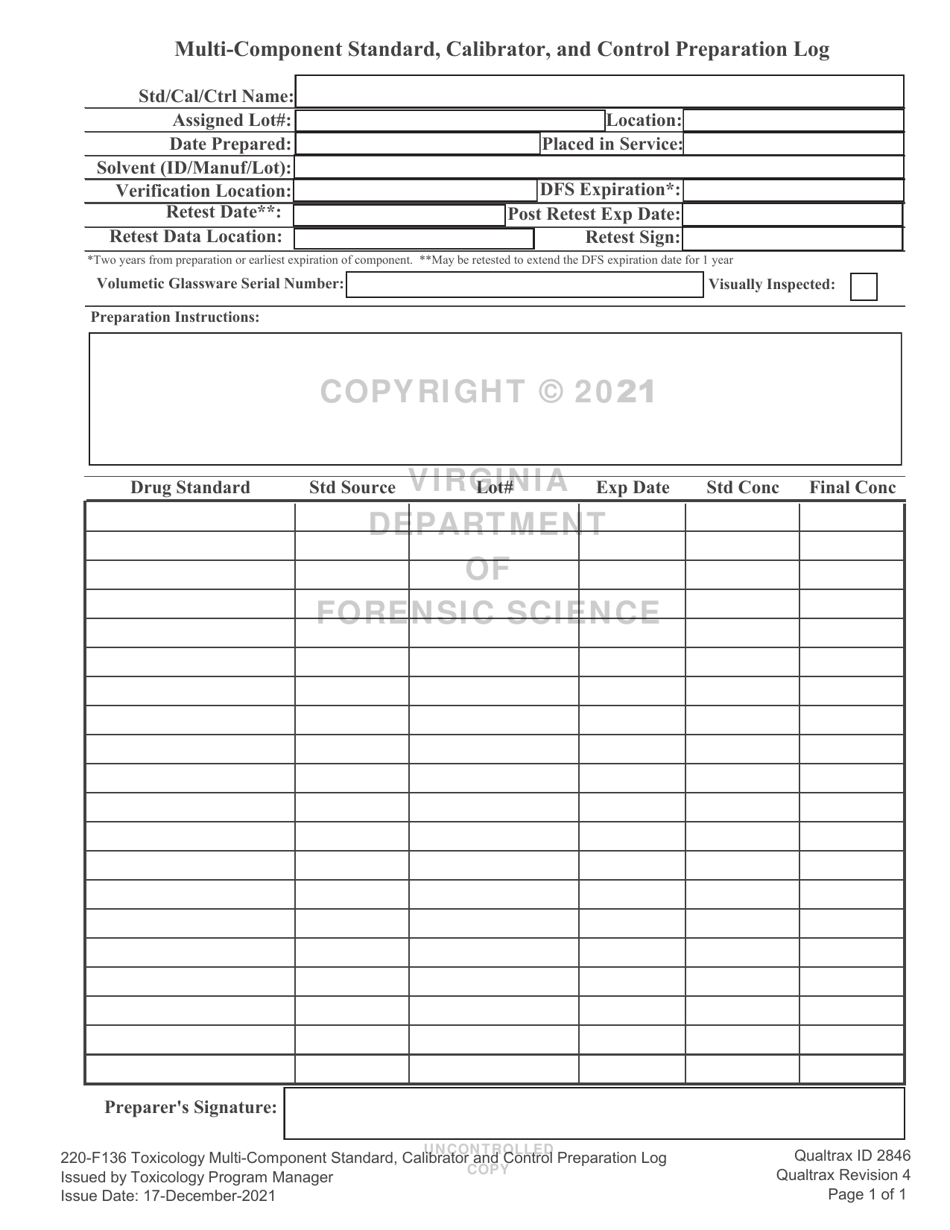 DFS Form 220-F136 Toxicology Multi-Component Standard, Calibrator, and Control Preparation Log - Virginia, Page 1