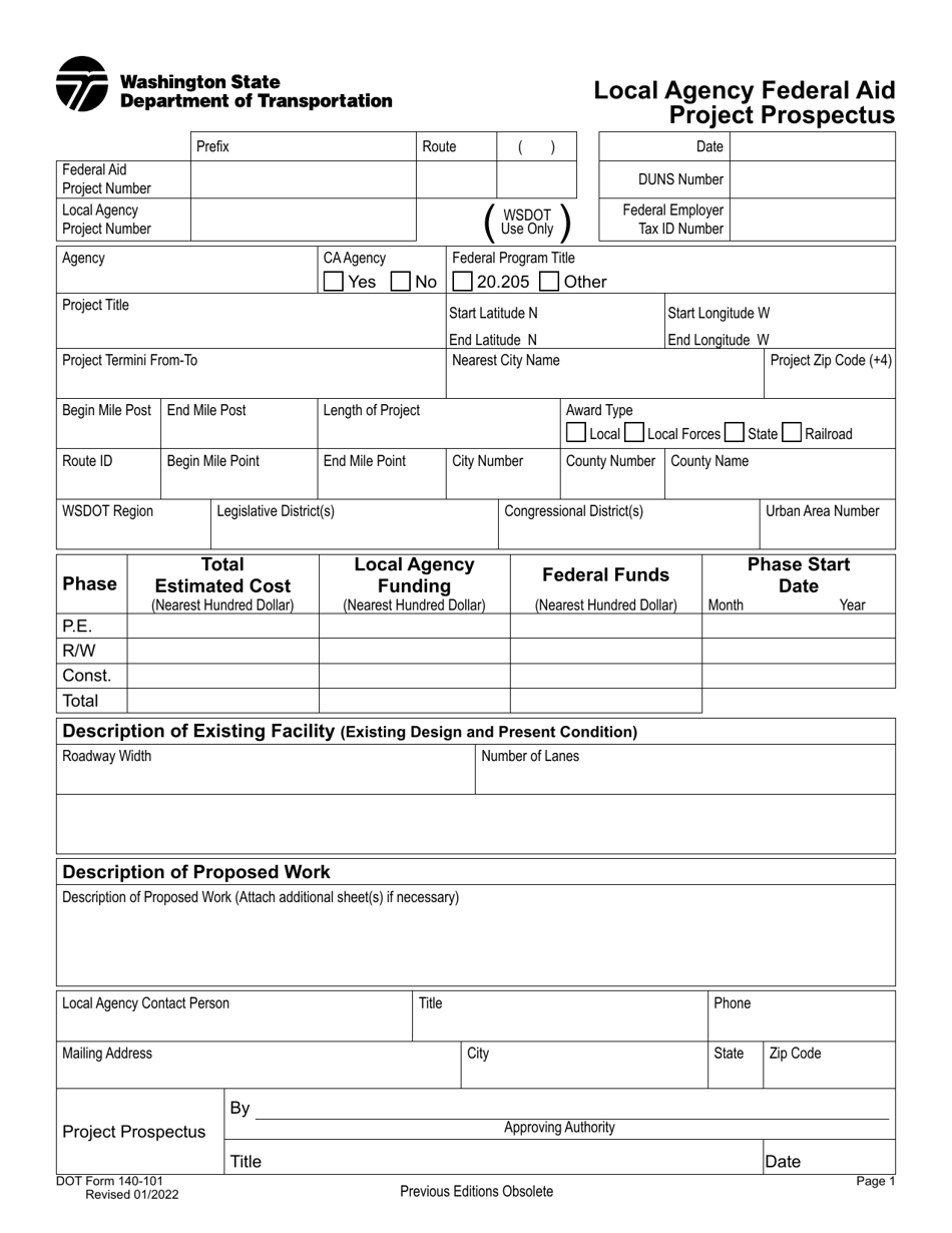 DOT Form 140-101 Local Agency Federal Aid Project Prospectus - Washington, Page 1