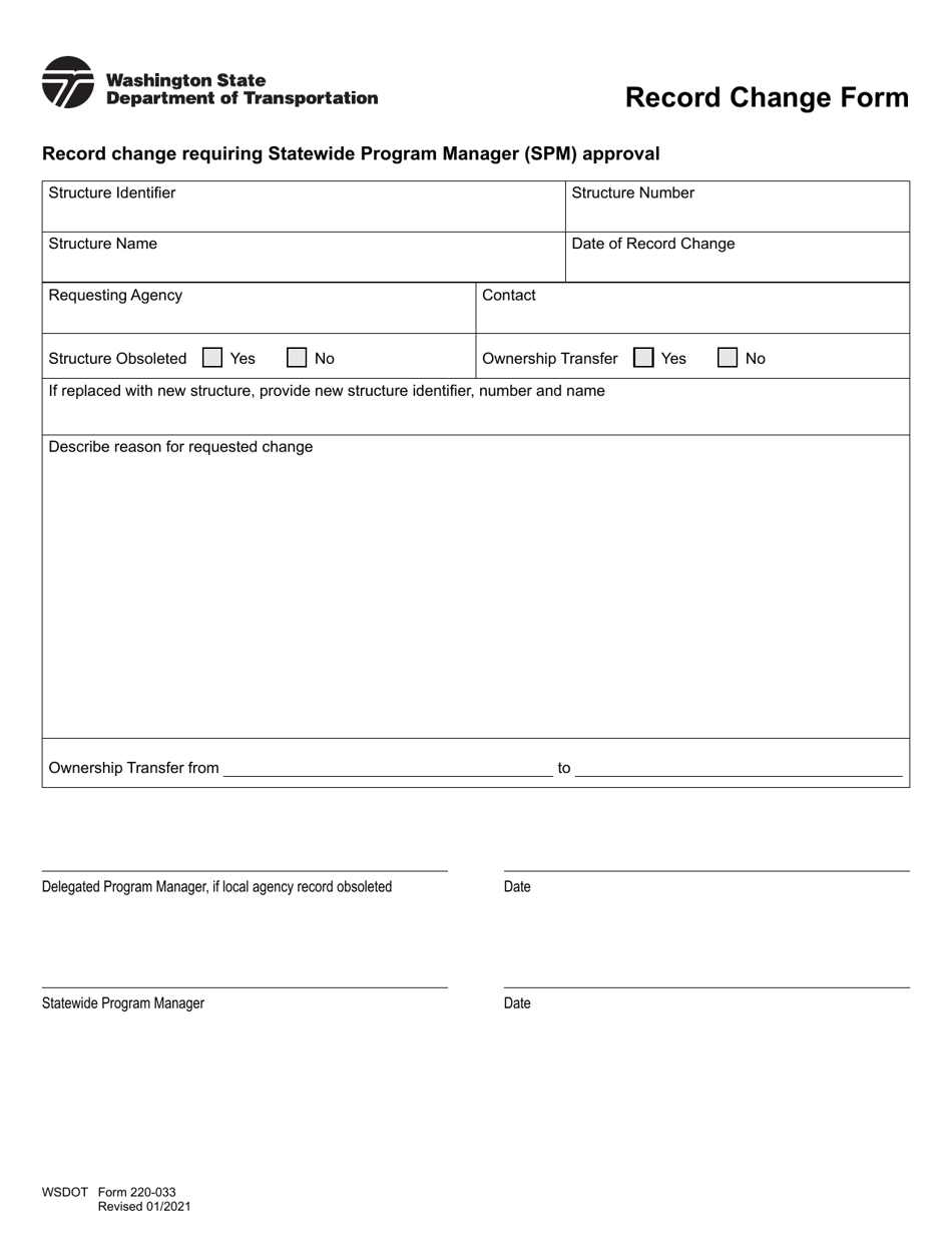 DOT Form 220-033 Record Change Form - Washington, Page 1