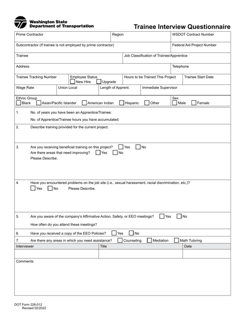 DOT Form 226-012 Trainee Interview Questionnaire - Washington