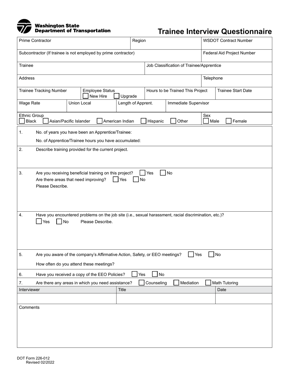 DOT Form 226-012 Trainee Interview Questionnaire - Washington, Page 1
