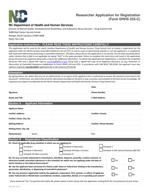 Form DHHS225-C Researcher Application for Registration - North Carolina