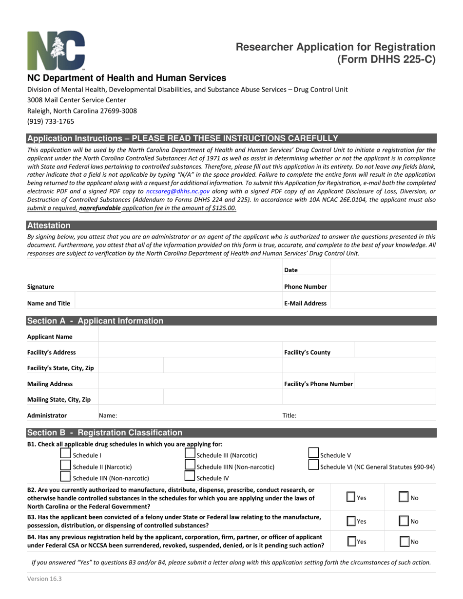 Form DHHS225-C Researcher Application for Registration - North Carolina, Page 1