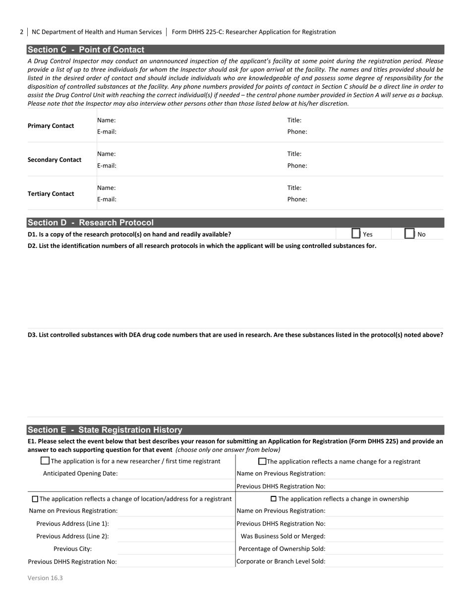 Form DHHS225-C Researcher Application for Registration - North Carolina, Page 2