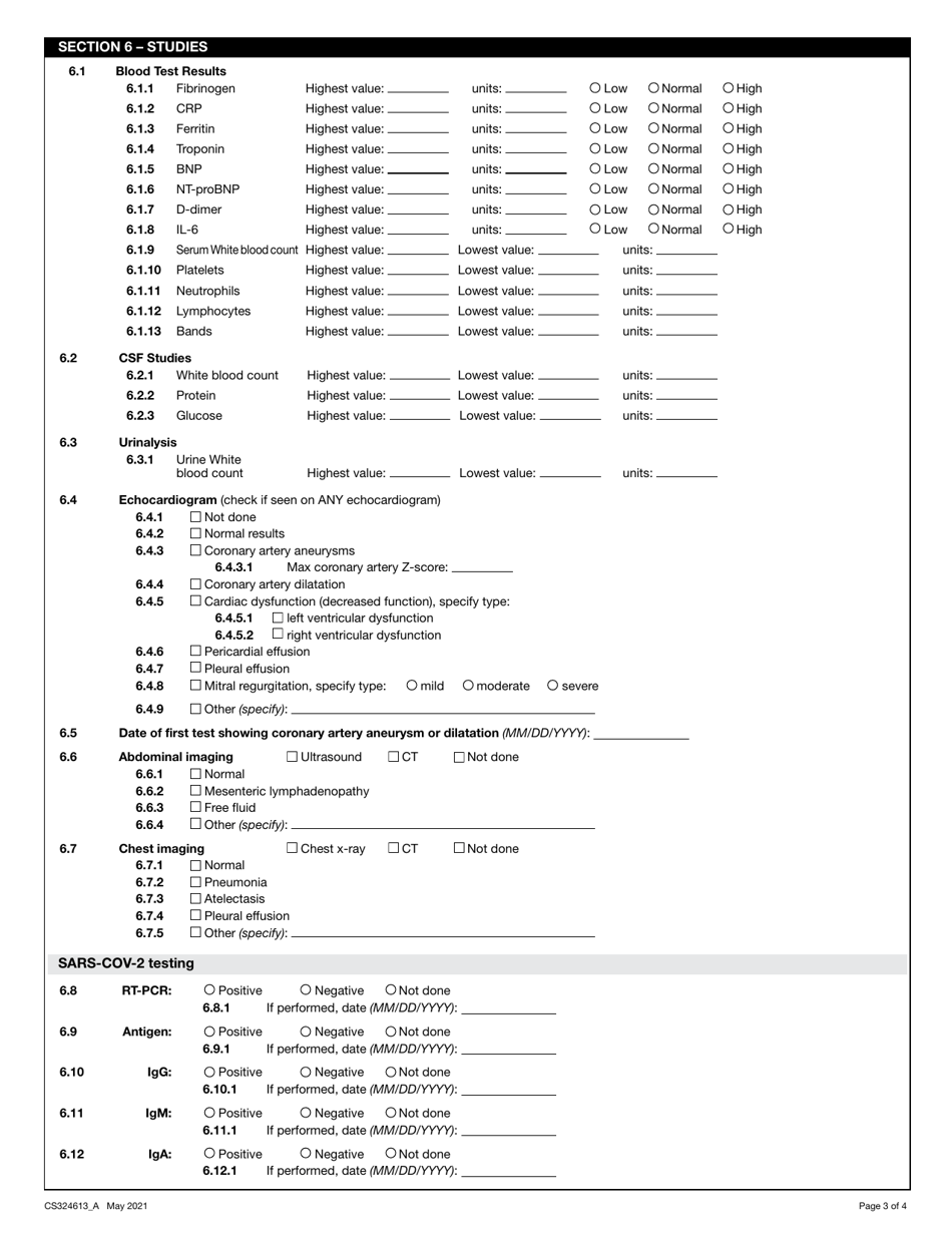 Form CS324613_A Multisystem Inflammatory Syndrome Associated With Covid-19 Case Report Form, Page 3