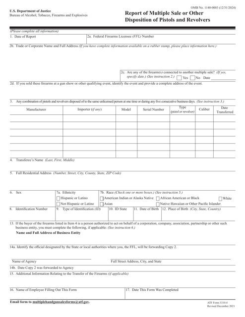ATF Form 3310.4 Report of Multiple Sale or Other Disposition of Pistols and Revolvers