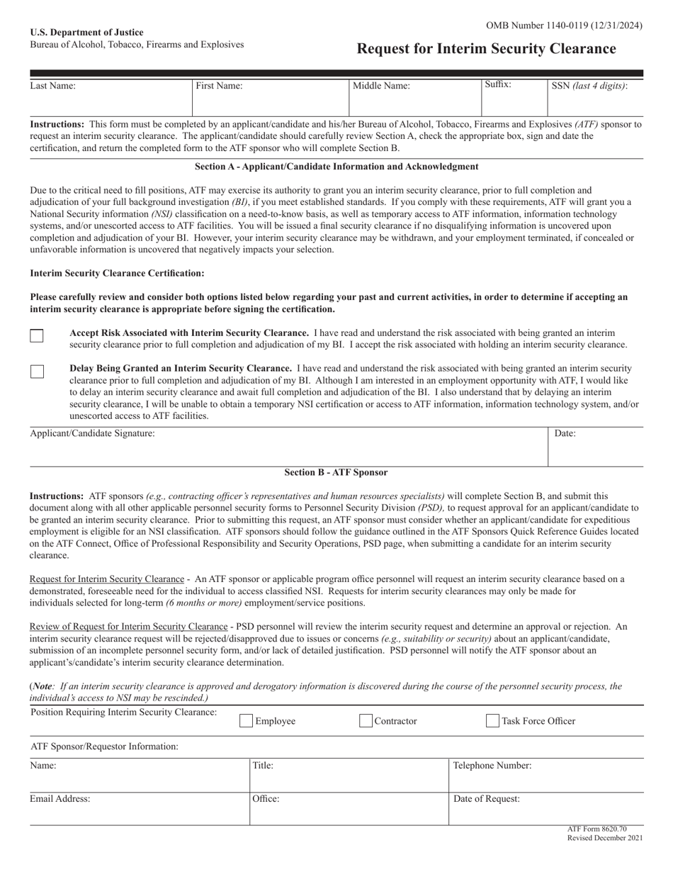 ATF Form 8620.70 Request for Interim Security Clearance, Page 1