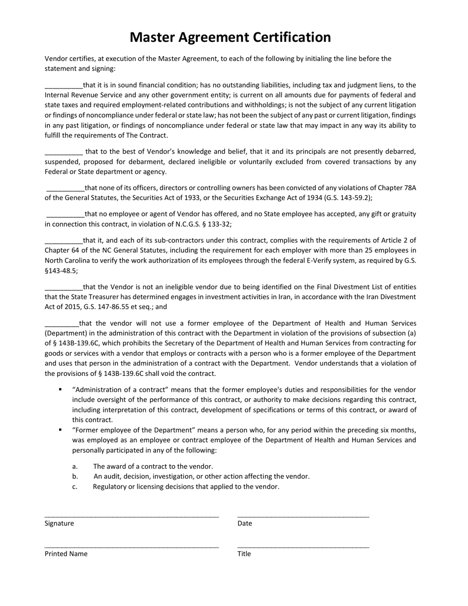 Master Agreement Certification - North Carolina, Page 1