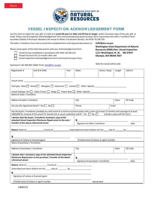Vessel Inspection Acknowledgement Form - Washington Download Pdf