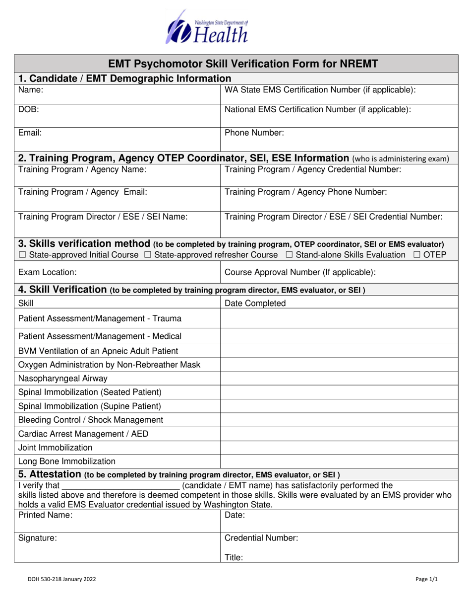 DOH Form 530-218 Emt Psychomotor Skill Verification Form for Nremt - Washington, Page 1