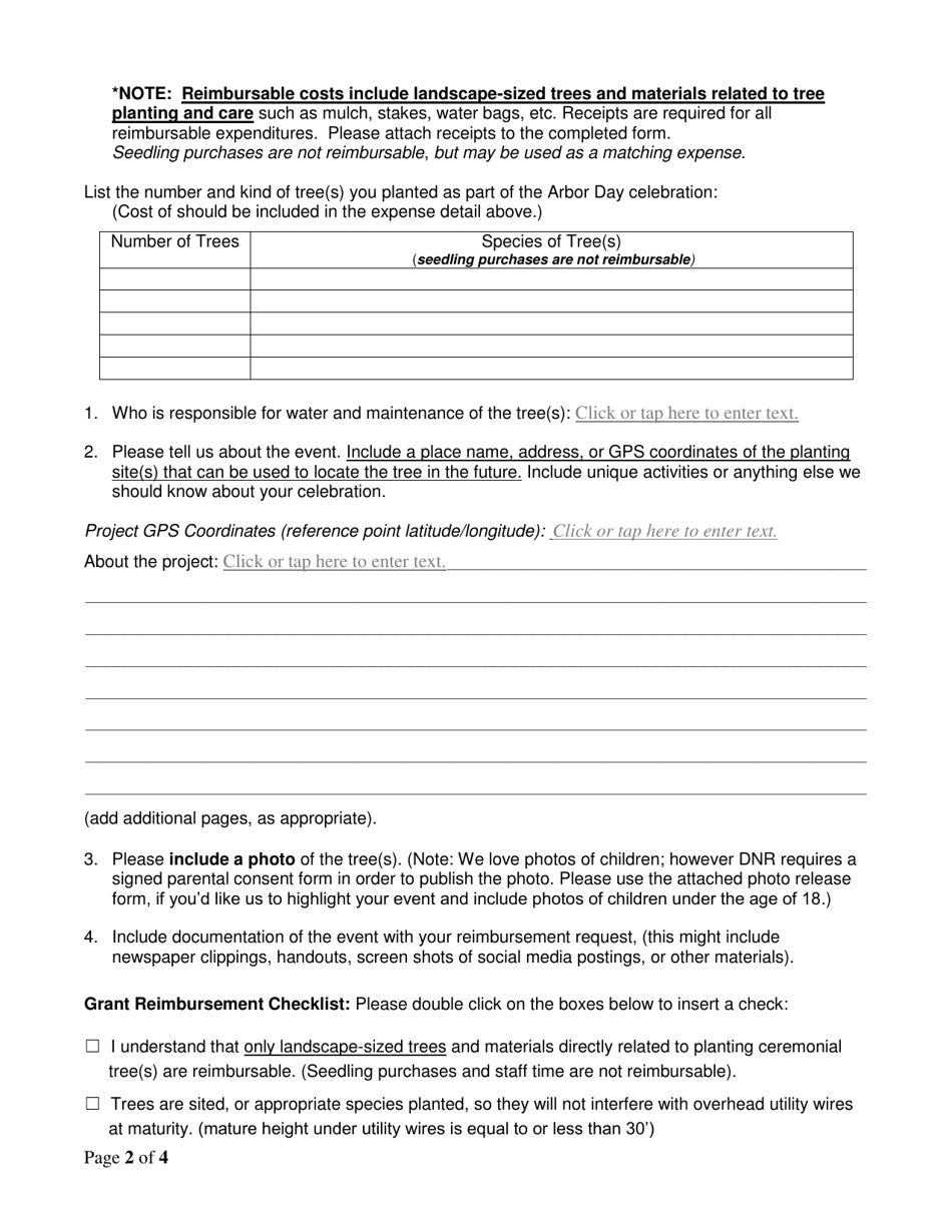 Arbor Day Accomplishment Report and Reimbursement Request - Washington, Page 2