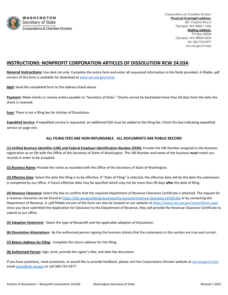 Washington Articles of Dissolution Washington Nonprofit and Nonprofit
