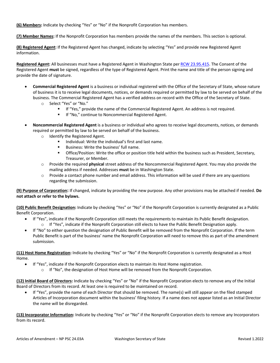 Articles of Amendment - Washington Nonprofit Professional Service Corporation - Washington, Page 2