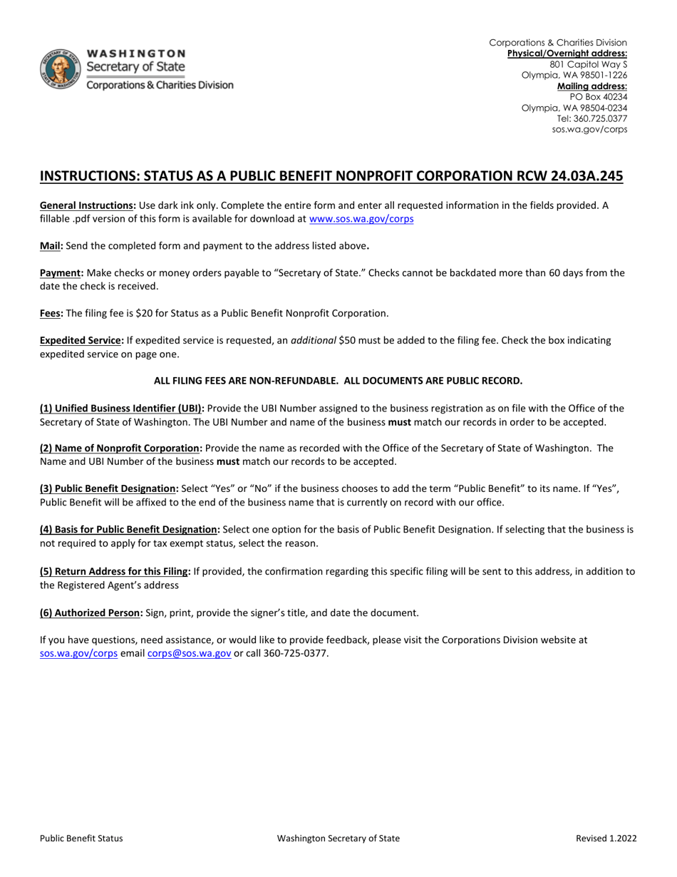 Washington Application for Status as a Public Benefit Nonprofit
