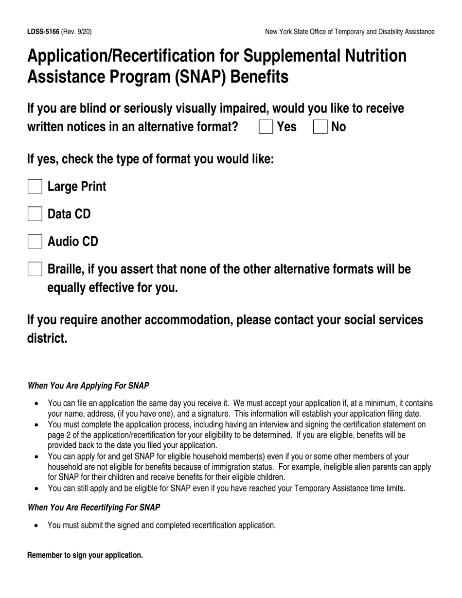 Form LDSS-5166 Application / Recertification for Supplemental Nutrition Assistance Program (Snap) Benefits - New York, Page 1