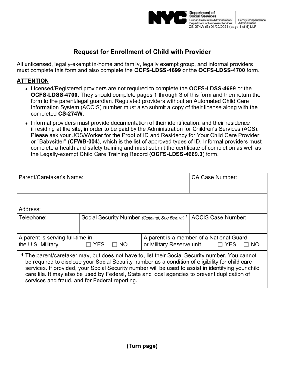 Form CS-274W Request for Enrollment of Child With Provider - New York City, Page 1
