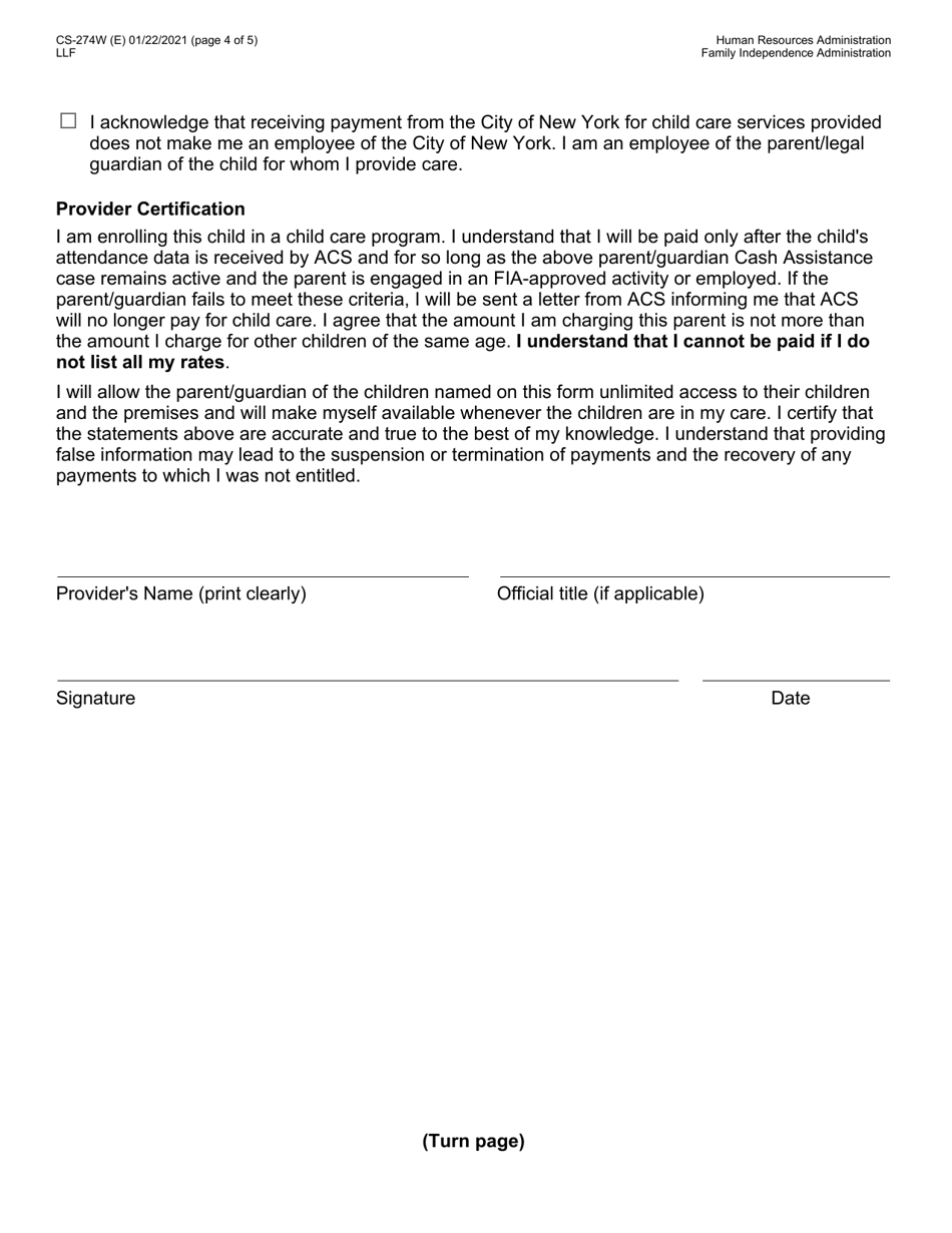 Form CS-274W Request for Enrollment of Child With Provider - New York City, Page 4