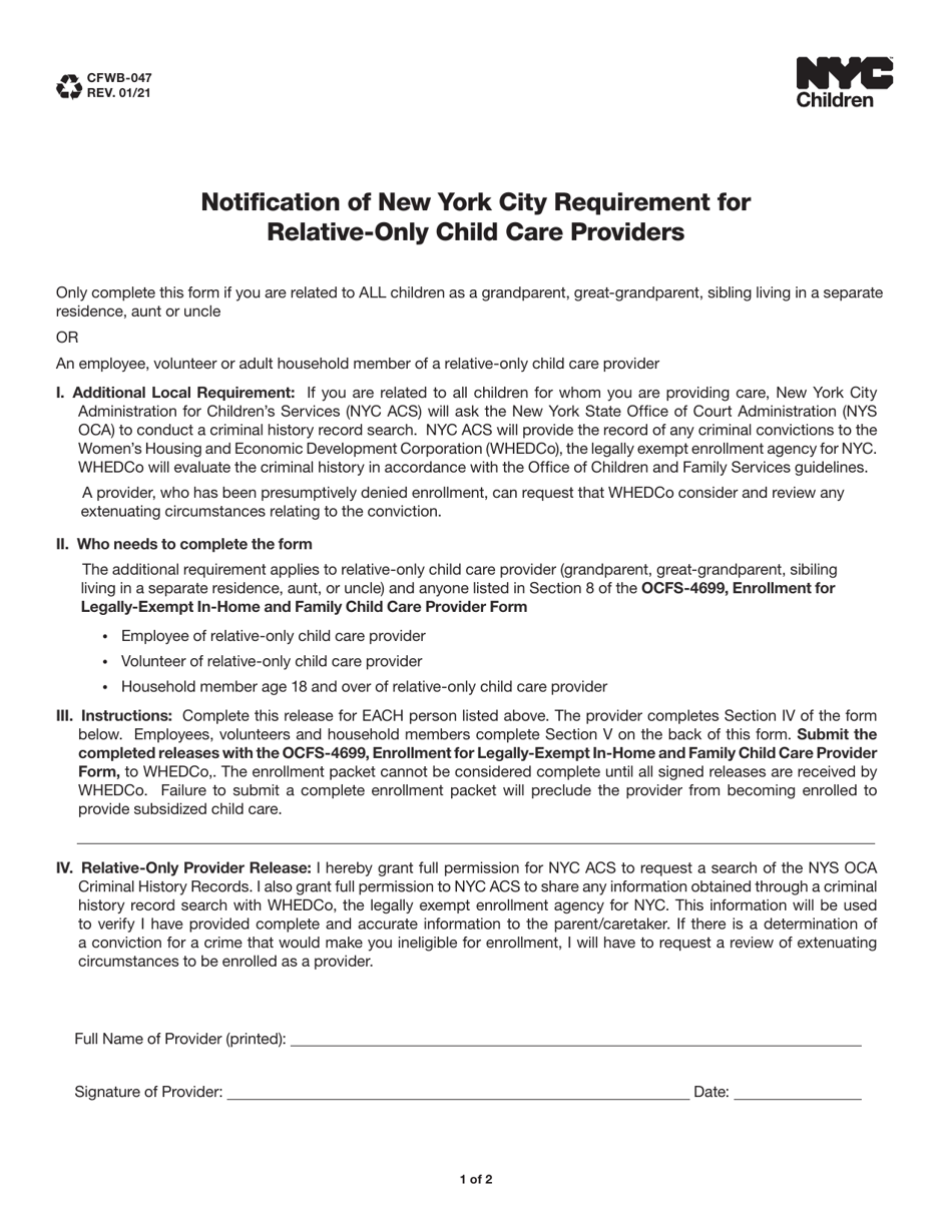 Form CFWB-047 Notification of New York City Requirement for Relative-Only Child Care Providers - New York City, Page 1