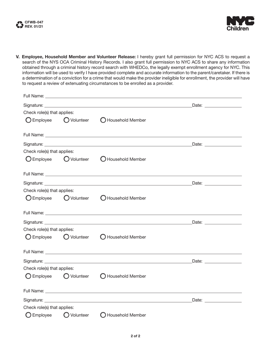 Form CFWB-047 Notification of New York City Requirement for Relative-Only Child Care Providers - New York City, Page 2