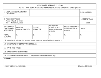 Document preview: Form WIC-227A Wise Cost Report - Texas