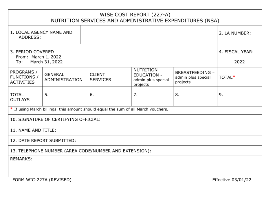 Form WIC-227A Wise Cost Report - Texas, Page 1
