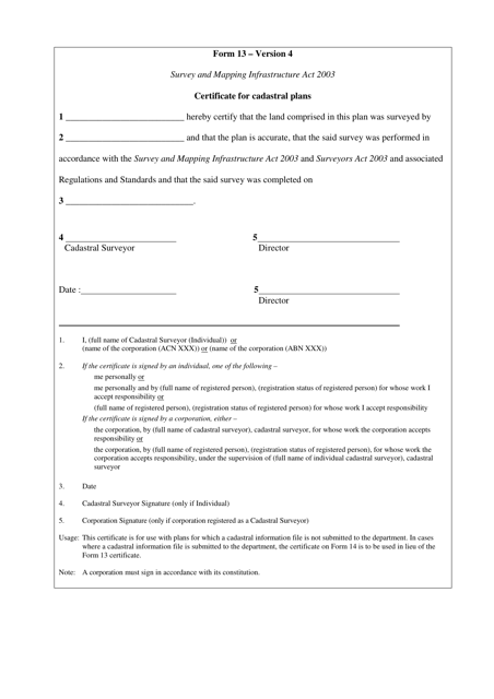 Form 13 Certificate for Cadastral Plans - Queensland, Australia