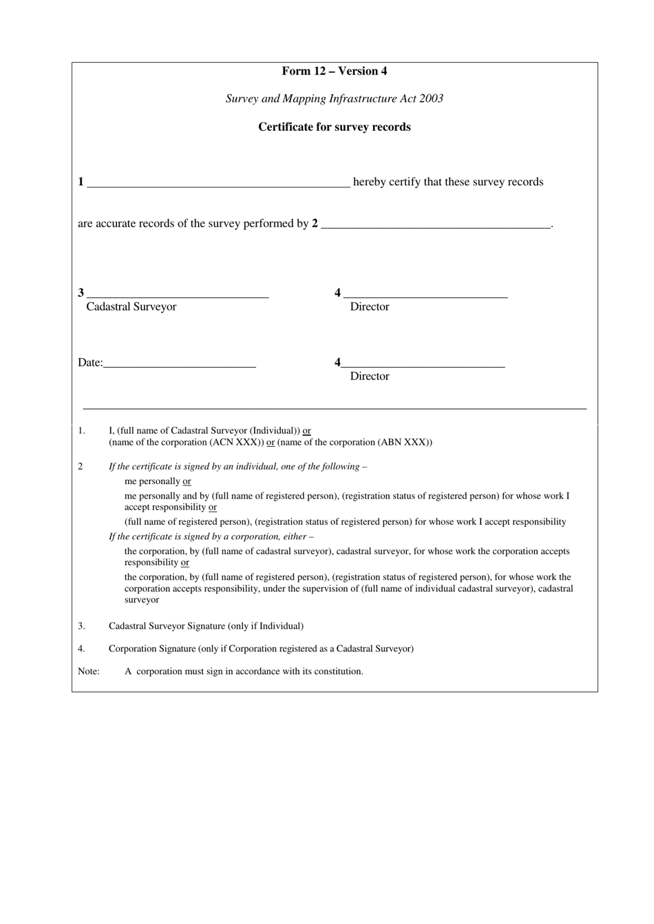 Form 12 Certificate for Survey Records - Queensland, Australia, Page 1