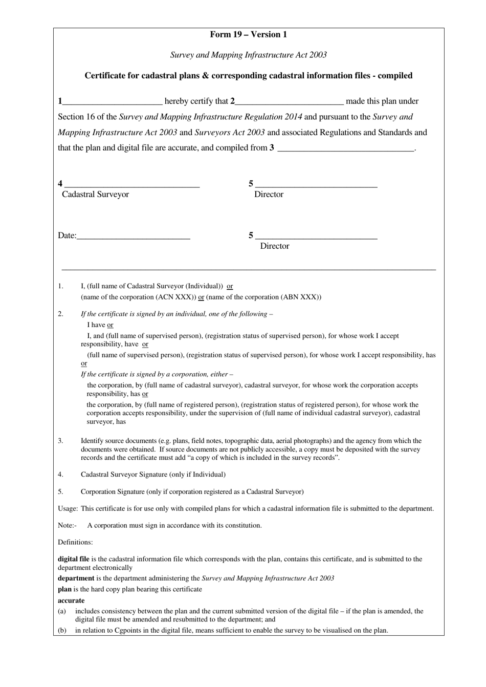 Form 19 Certificate for Cadastral Plans  Corresponding Cadastral Information Files - Compiled - Queensland, Australia, Page 1
