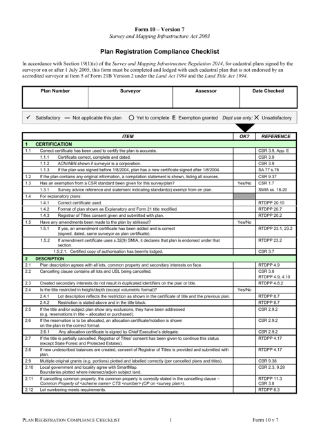 Form 10 Plan Registration Compliance Checklist - Queensland, Australia