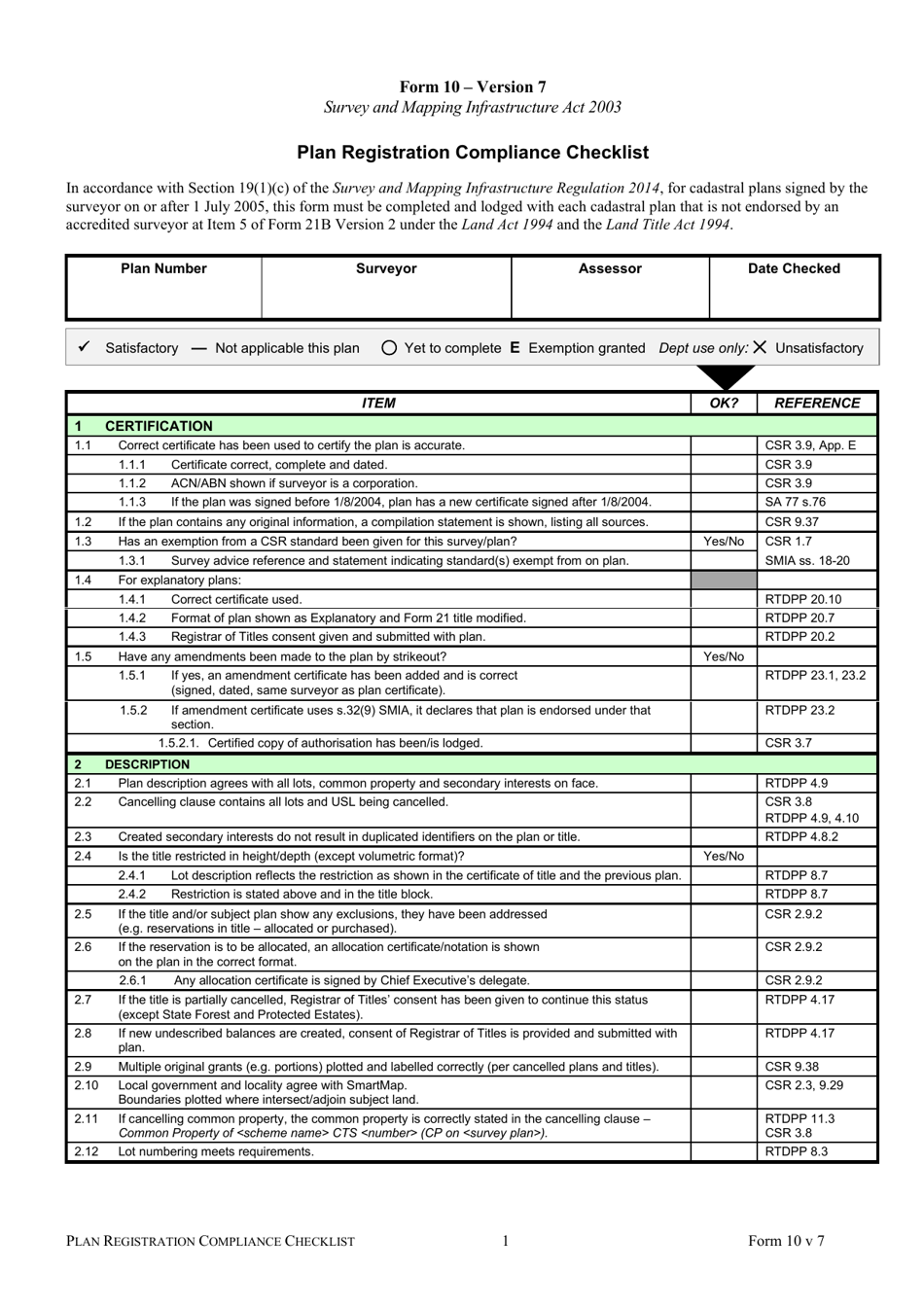 Form 10 Plan Registration Compliance Checklist - Queensland, Australia, Page 1