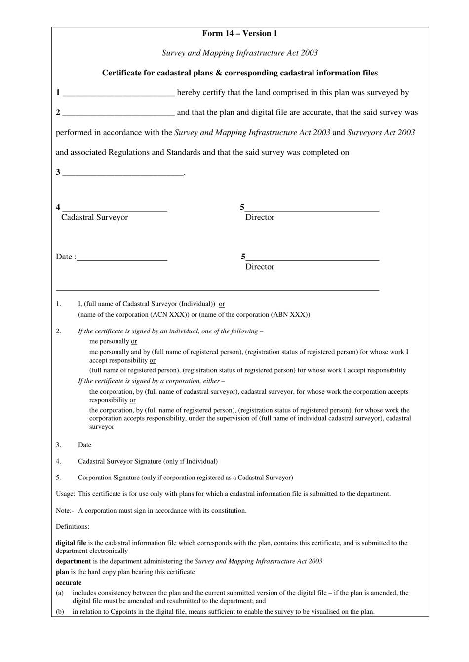 Form 14 Certificate for Cadastral Plans  Corresponding Cadastral Information Files - Queensland, Australia, Page 1