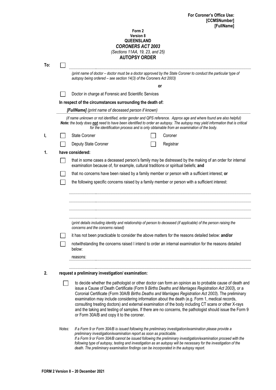 Form 2 Autopsy Order - Queensland, Australia, Page 1