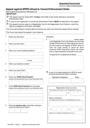 Document preview: Form MC-SPEA Appeal Against Sper Refusal to Cancel Enforcement Order - Queensland, Australia